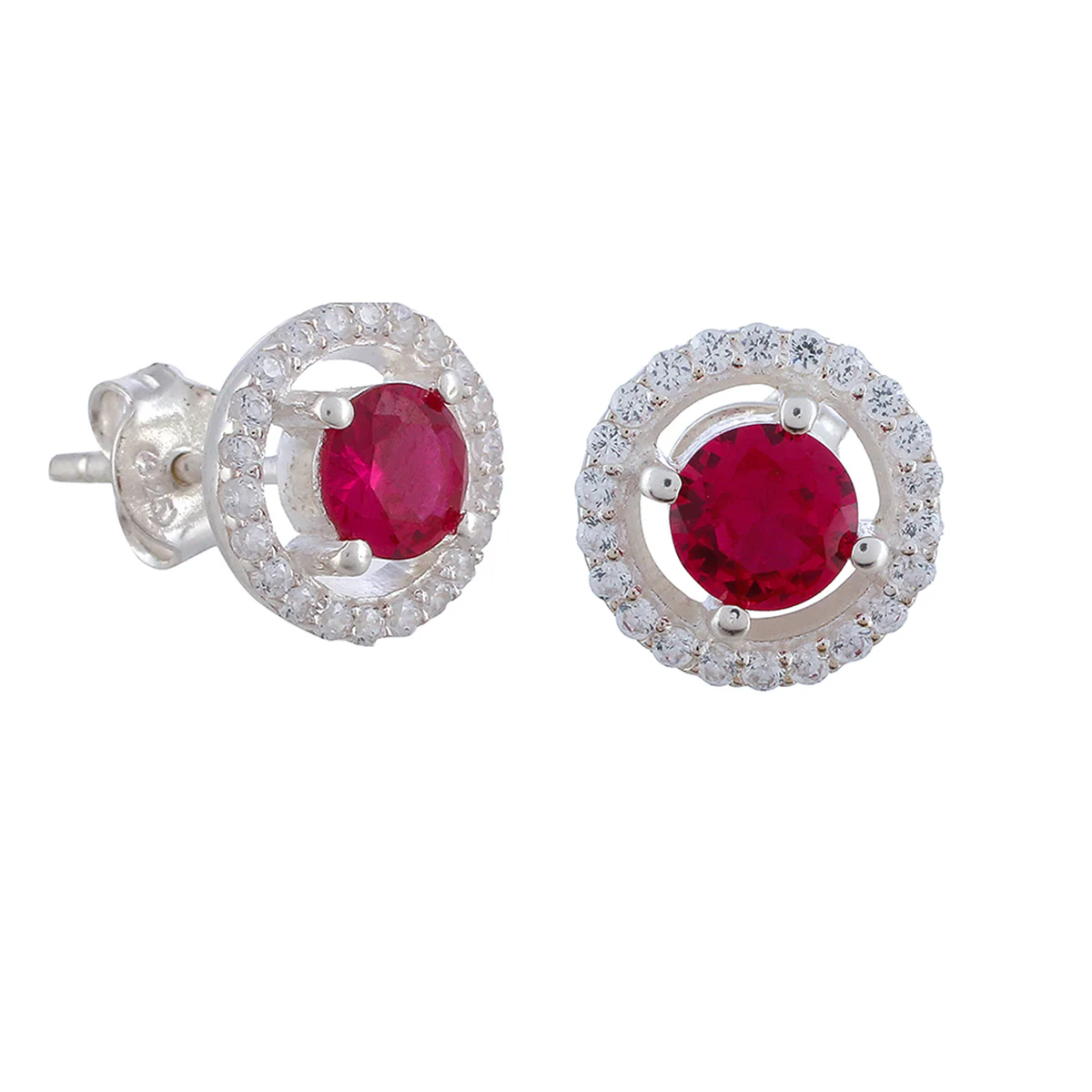 925 Sterling Silver Round Shaped Stud Earrings Made With Red Stone - Image 5
