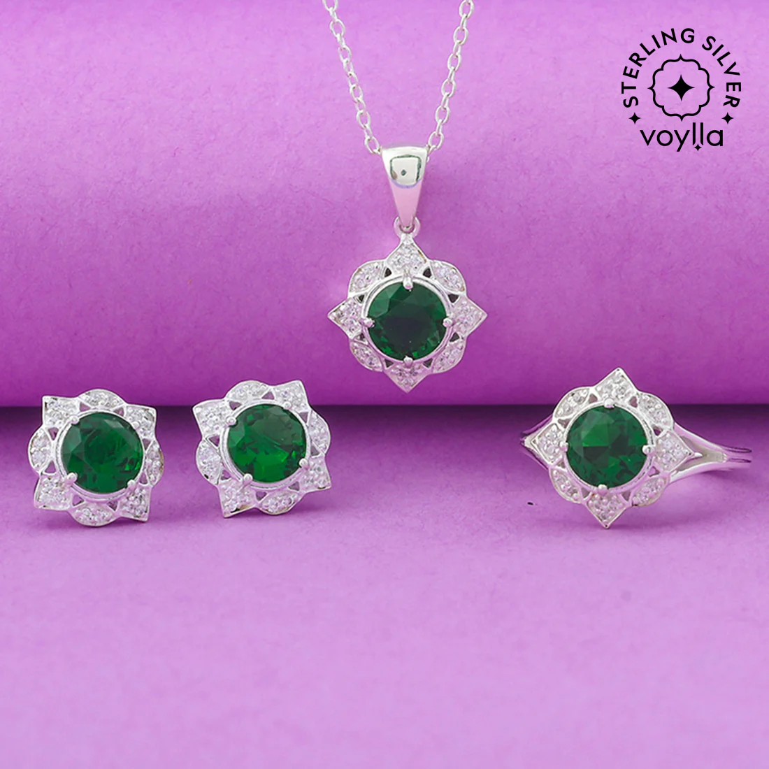 925 Sterling Silver Sparkling Box Set With Shimmering Green CZ gems For Women