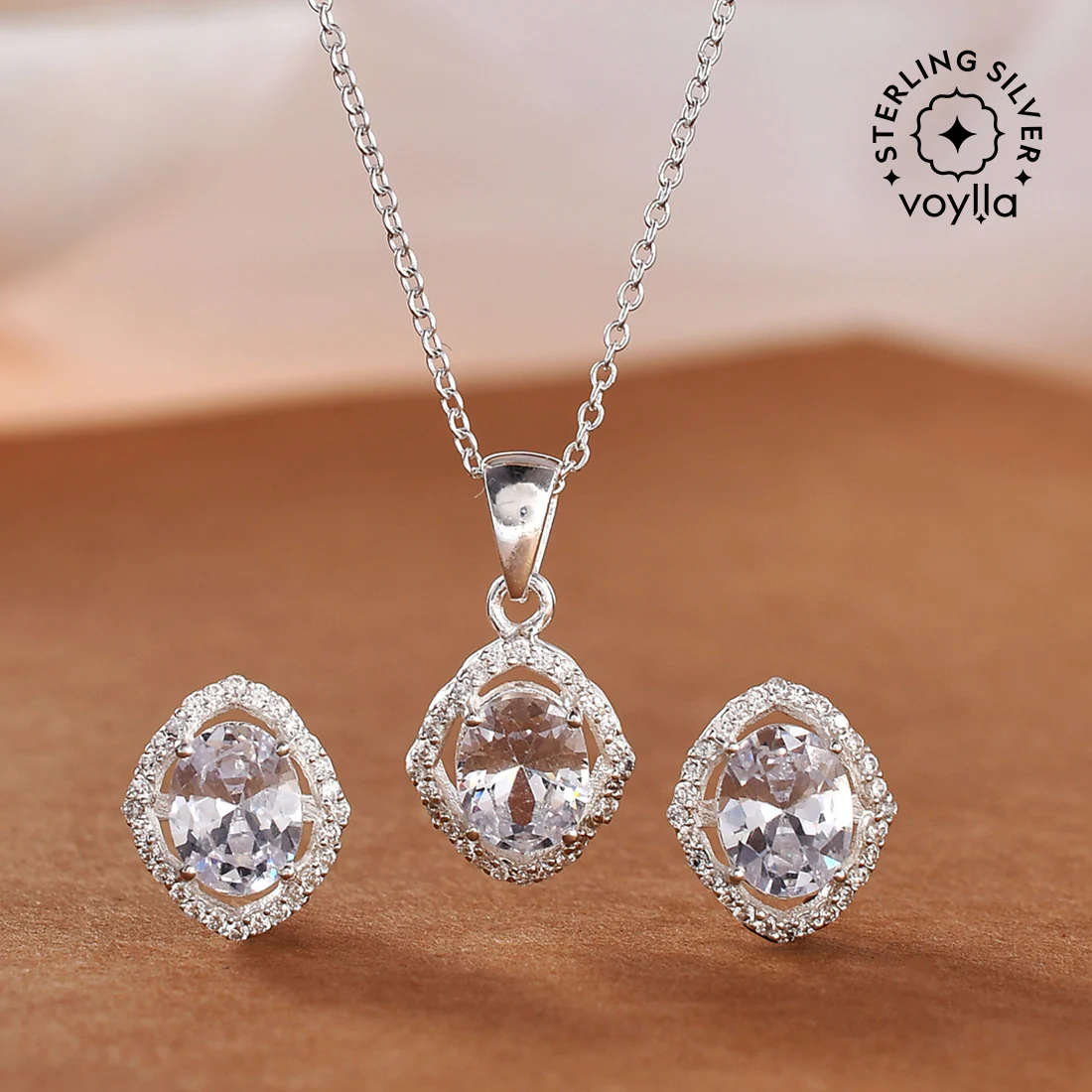 925 Sterling Silver White Oval Cut CZ Pendant Set