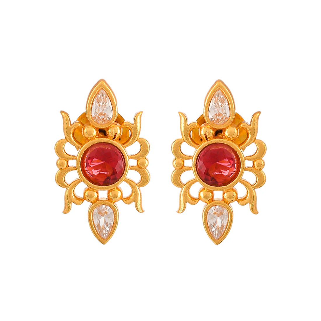 Abharan Casual Red Round Cut Stones Stud Earrings - Image 3