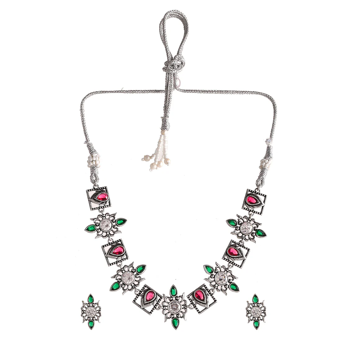 Abharan Casual White and Green Stones Jewellery Set - Image 3