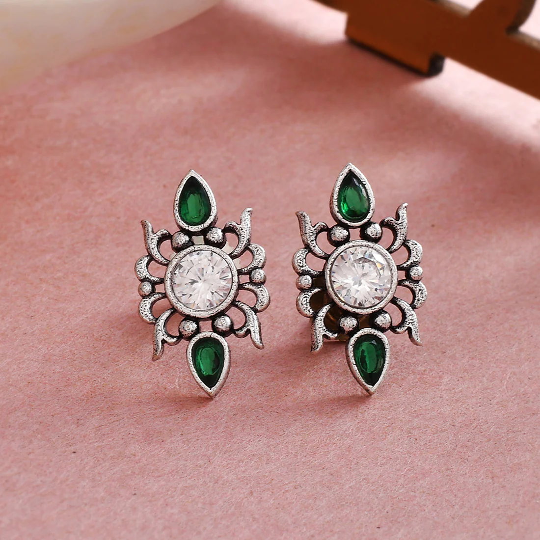 Abharan Casual White and Green Stones Stud Earrings