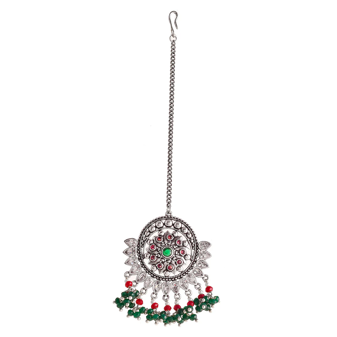 Abharan Ethnic White and Green Stones Maang Tika - Image 3
