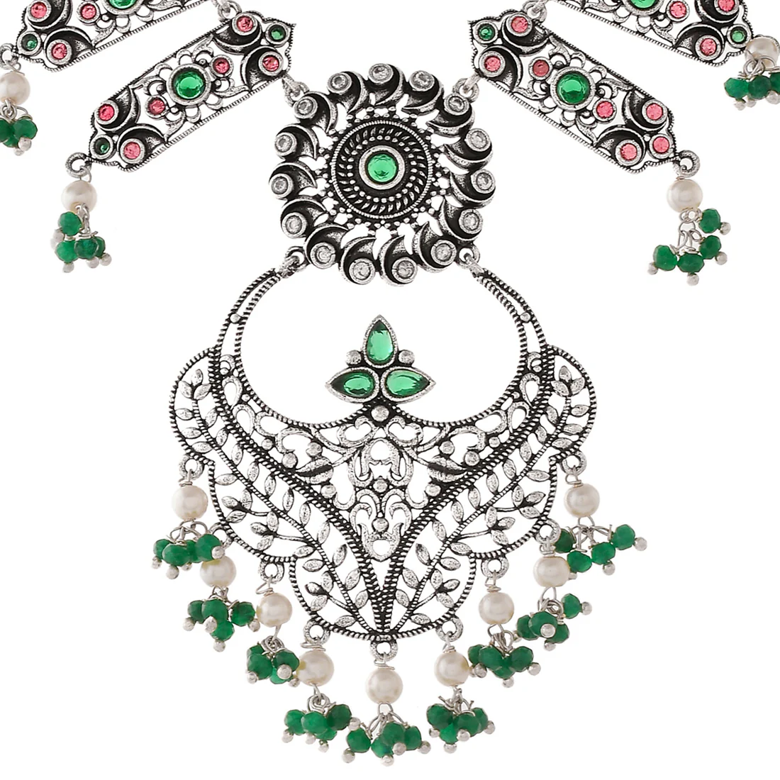 Abharan Ethnic White Pearls and Green Stones Jewellery Set - Image 4