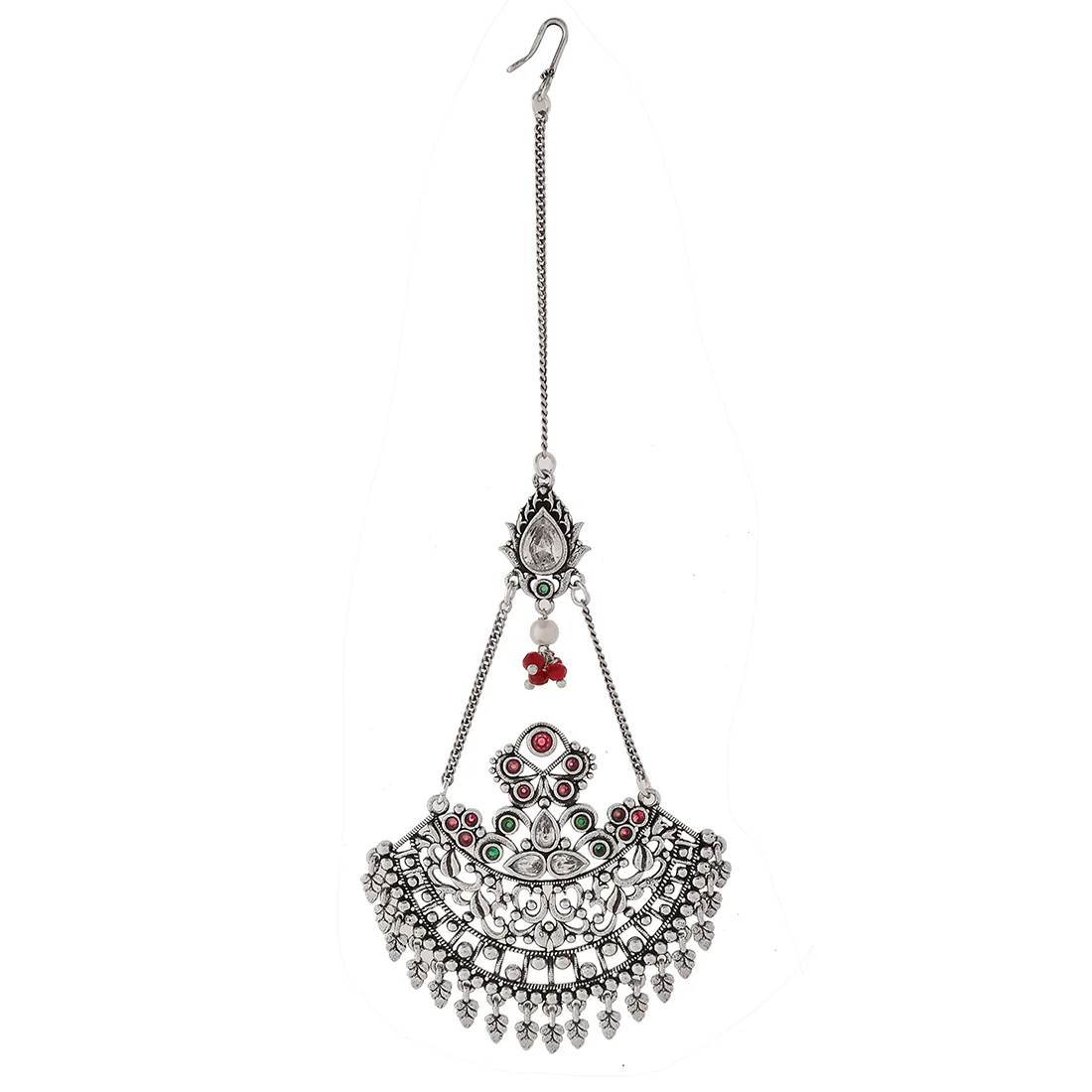 Abharan Ethnic White Pearls and White Stone Maang Tika - Image 3