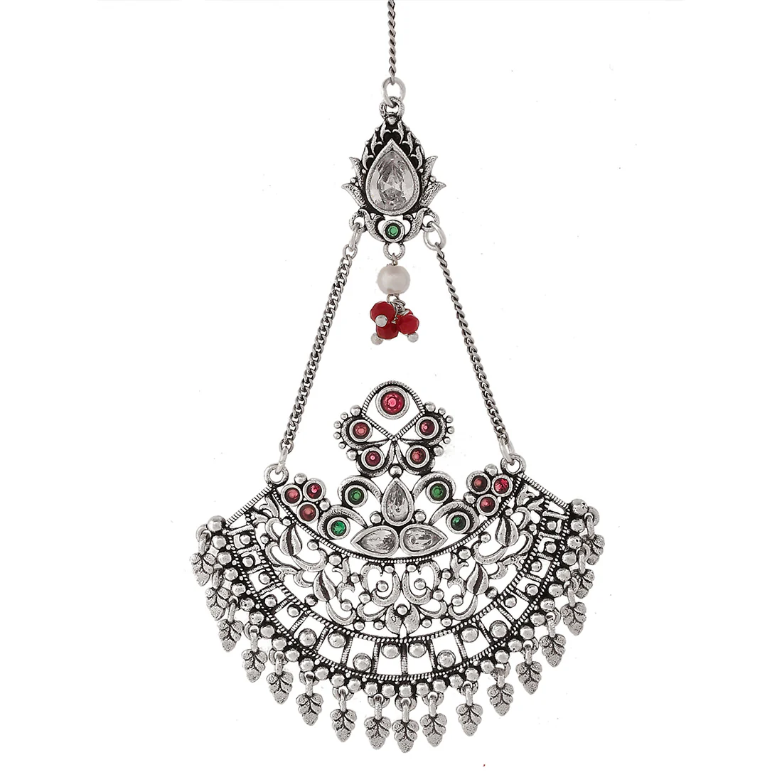 Abharan Ethnic White Pearls and White Stone Maang Tika - Image 4