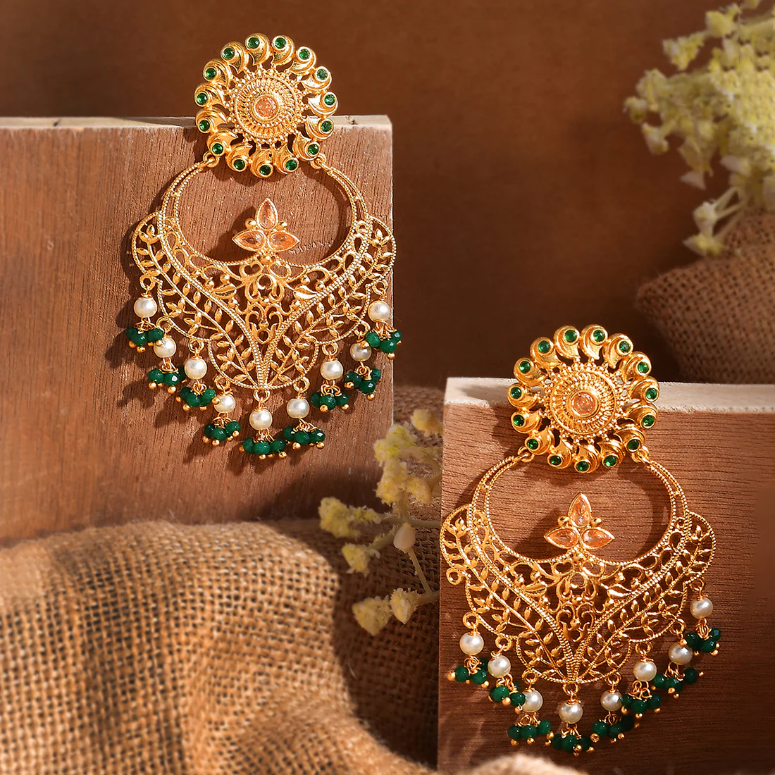 Abharan Filigree Design Green Stones and Pearls Earrings