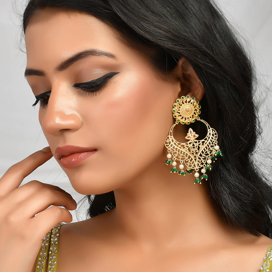 Abharan Filigree Design Green Stones and Pearls Earrings - Image 2