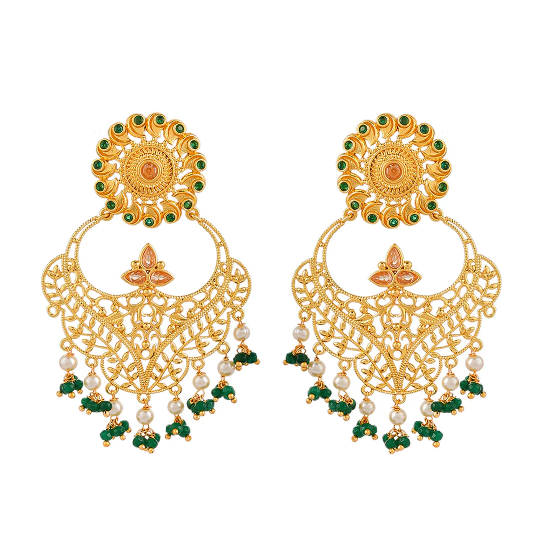 Abharan Filigree Design Green Stones and Pearls Earrings - Image 3