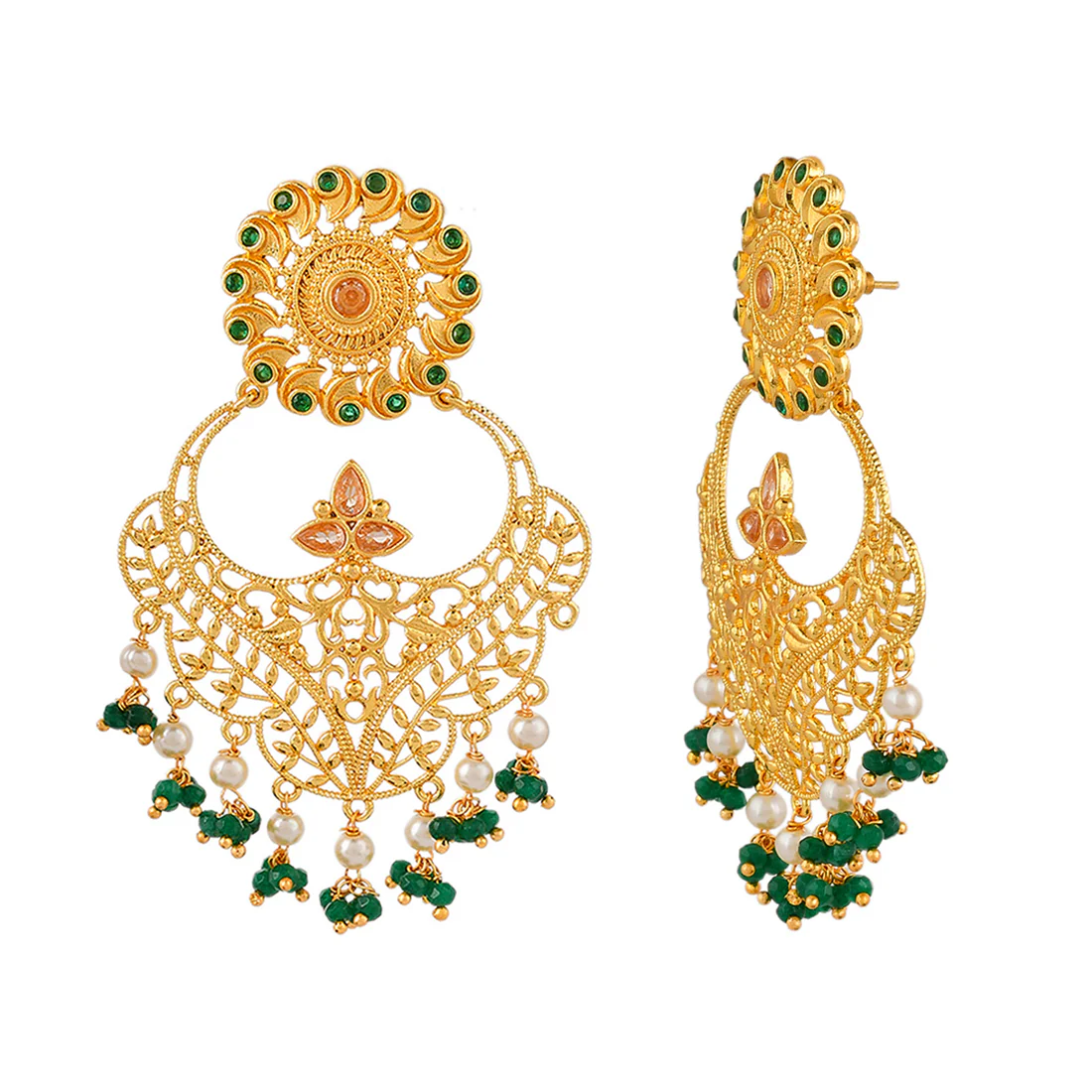 Abharan Filigree Design Green Stones and Pearls Earrings - Image 4