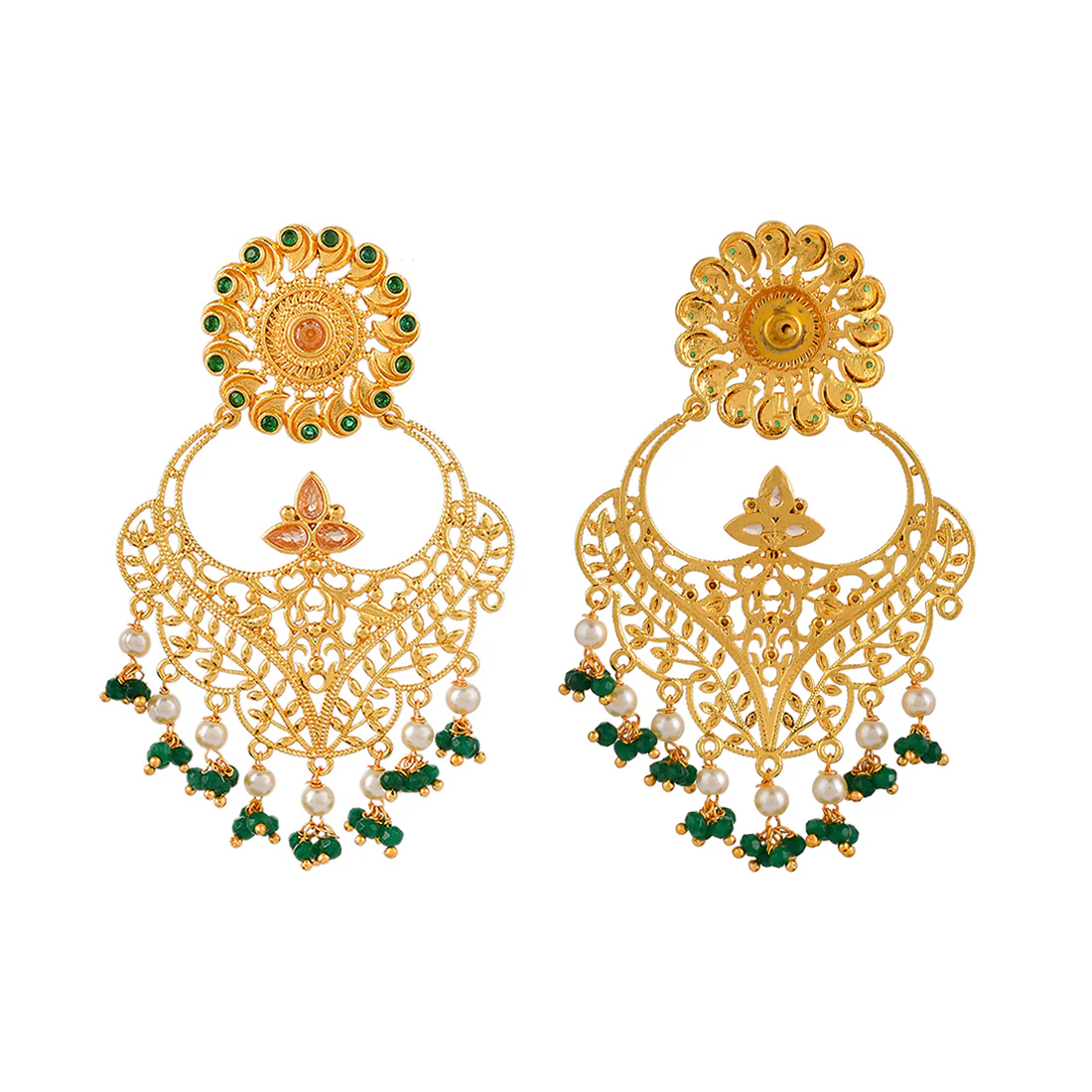 Abharan Filigree Design Green Stones and Pearls Earrings - Image 5