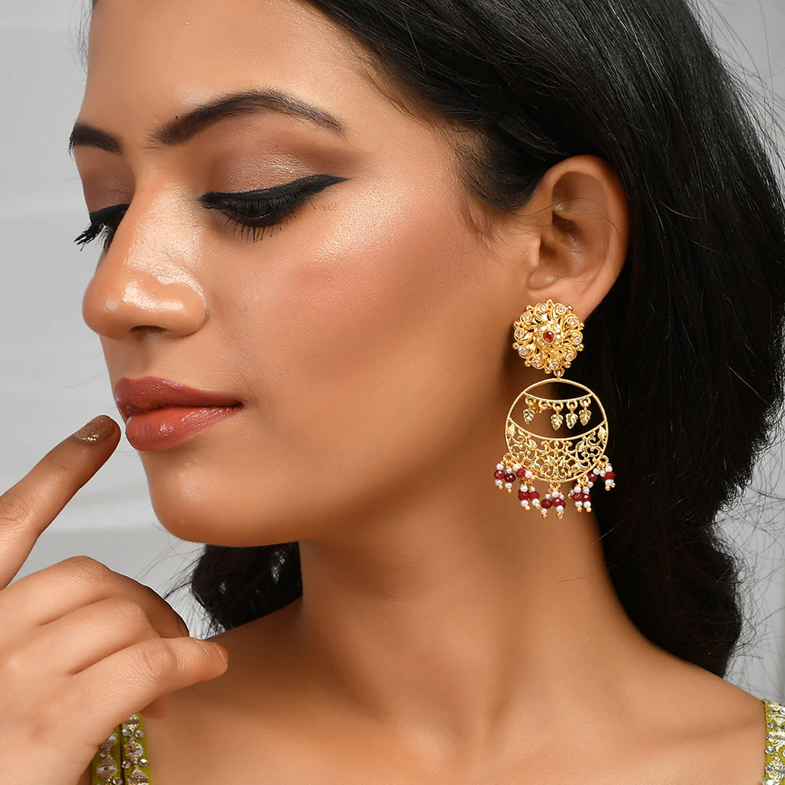 Abharan Filigree Design Red Stones and Pearls Drop Earrings - Image 2
