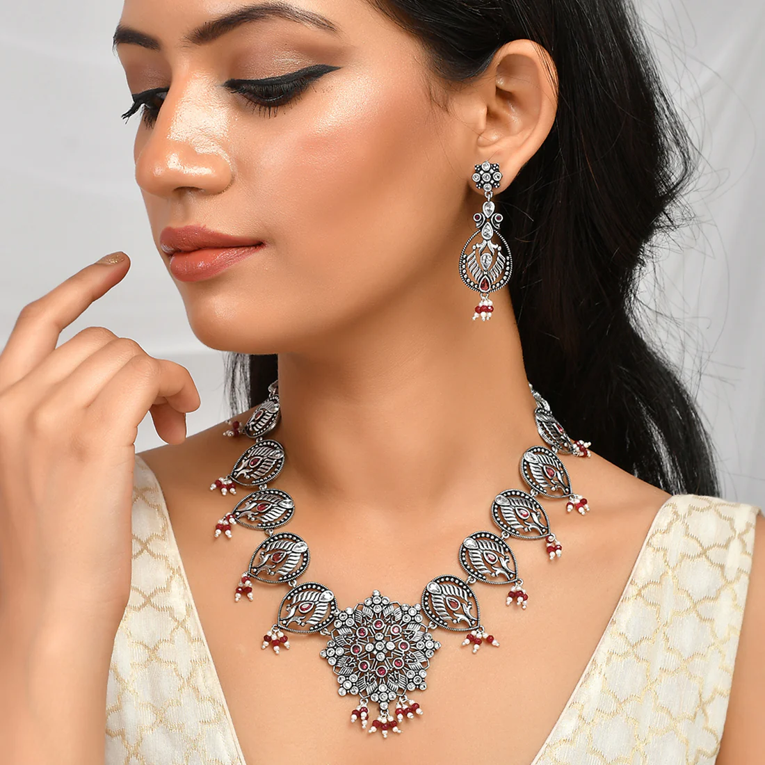 Abharan Filigree Pearls and Stones Embellished Silver Plated Jewellery Set - Image 2