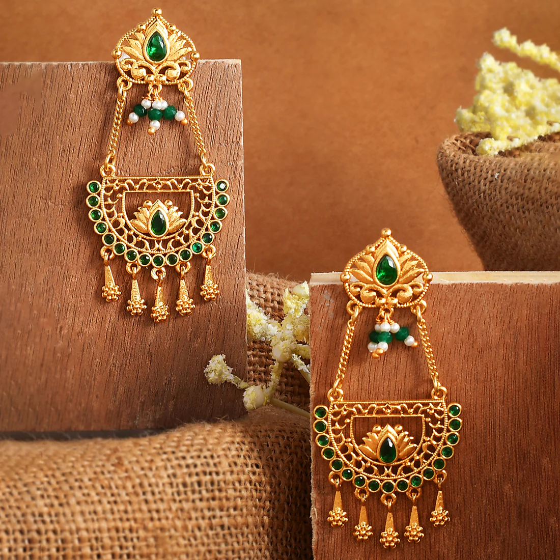 Abharan Floral Green Stones and Pearls Ethnic Drop Earrings