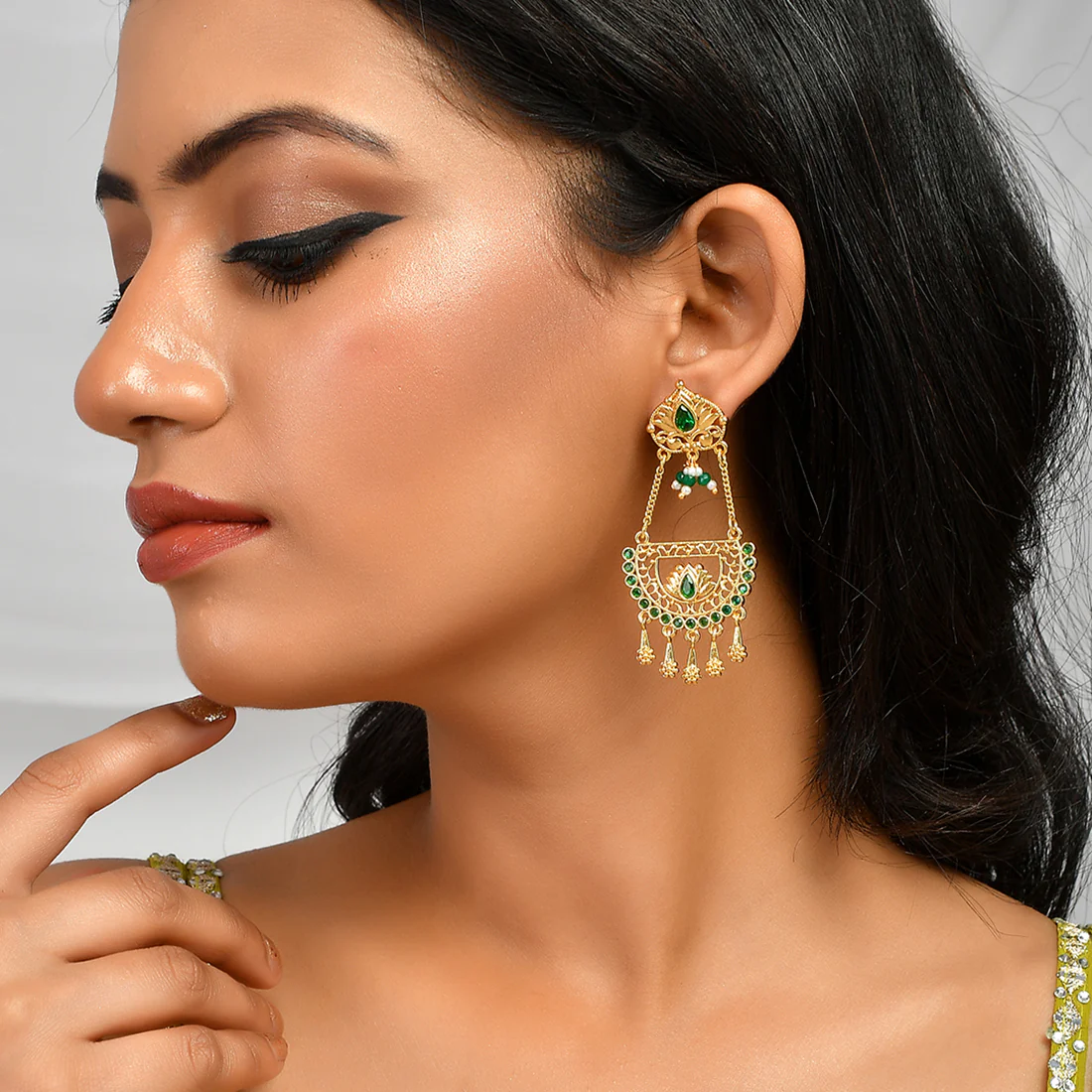 Abharan Floral Green Stones and Pearls Ethnic Drop Earrings - Image 2