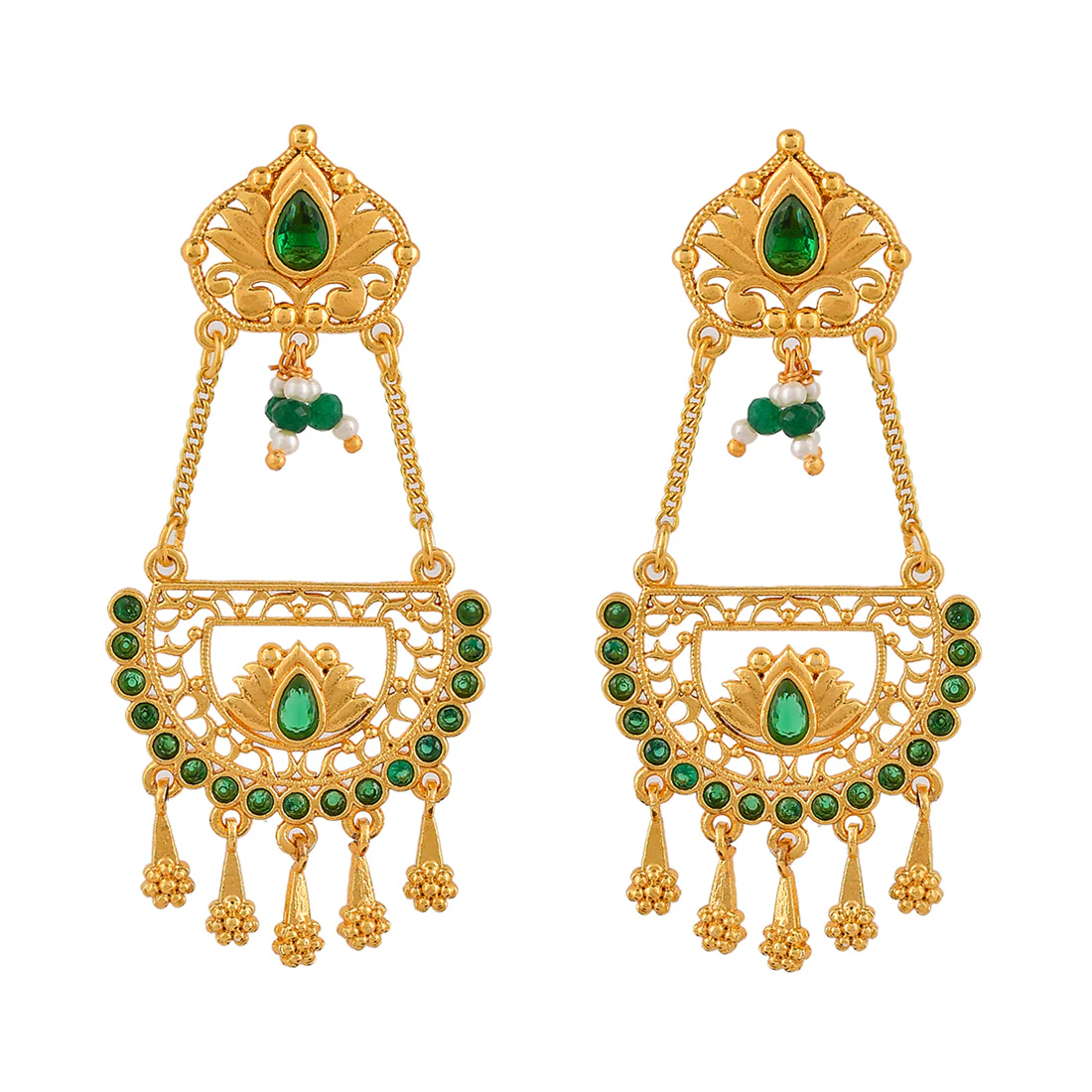 Abharan Floral Green Stones and Pearls Ethnic Drop Earrings - Image 3