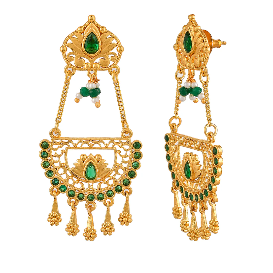 Abharan Floral Green Stones and Pearls Ethnic Drop Earrings - Image 4
