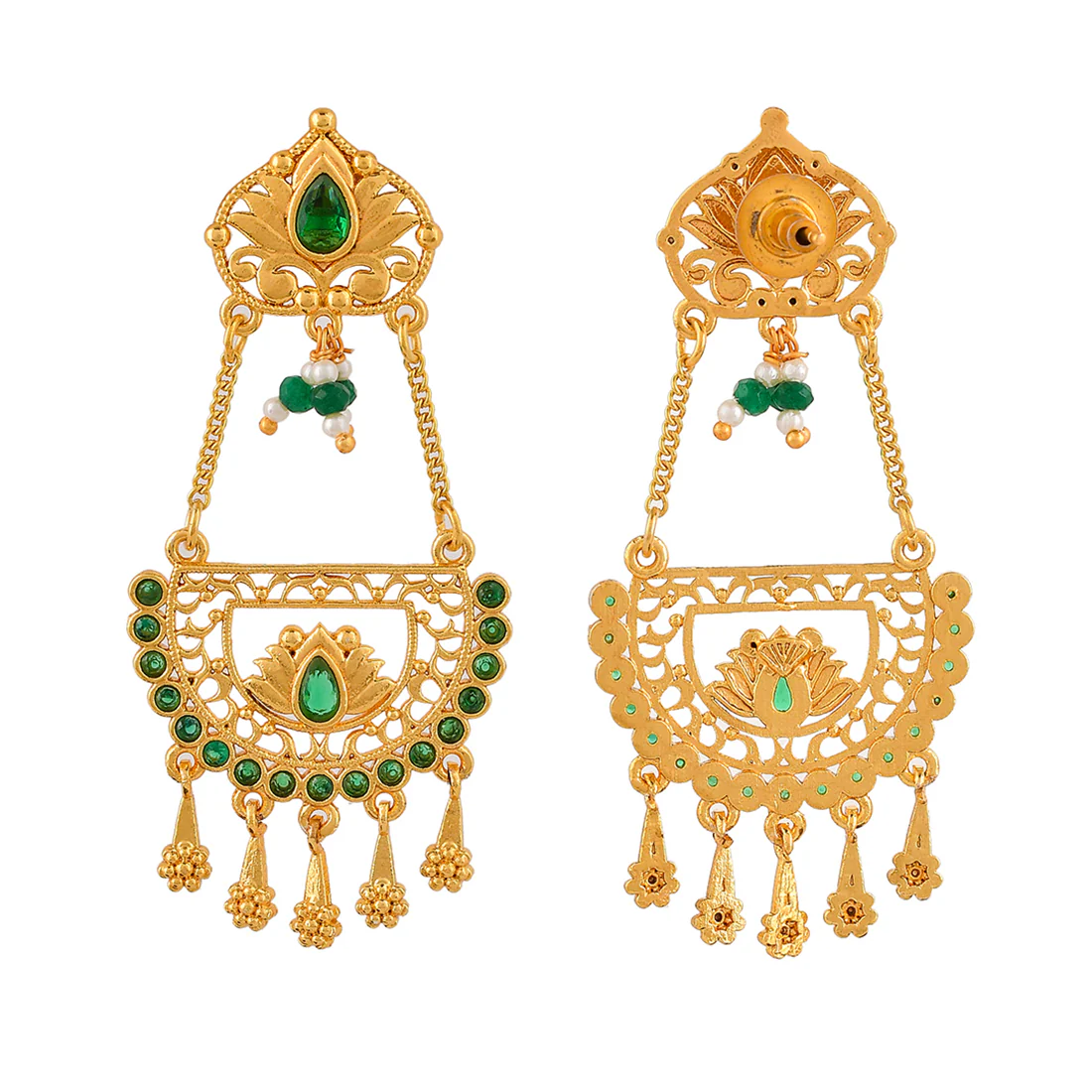 Abharan Floral Green Stones and Pearls Ethnic Drop Earrings - Image 5