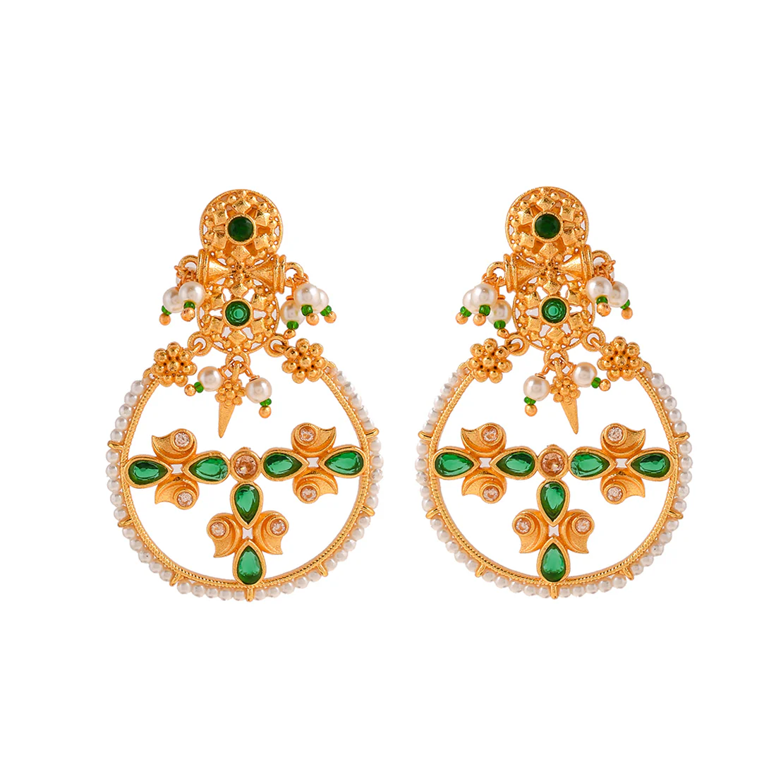 Abharan Floral Motif Teardrop Cut Green Stones and Pearls Drop Earrings - Image 3