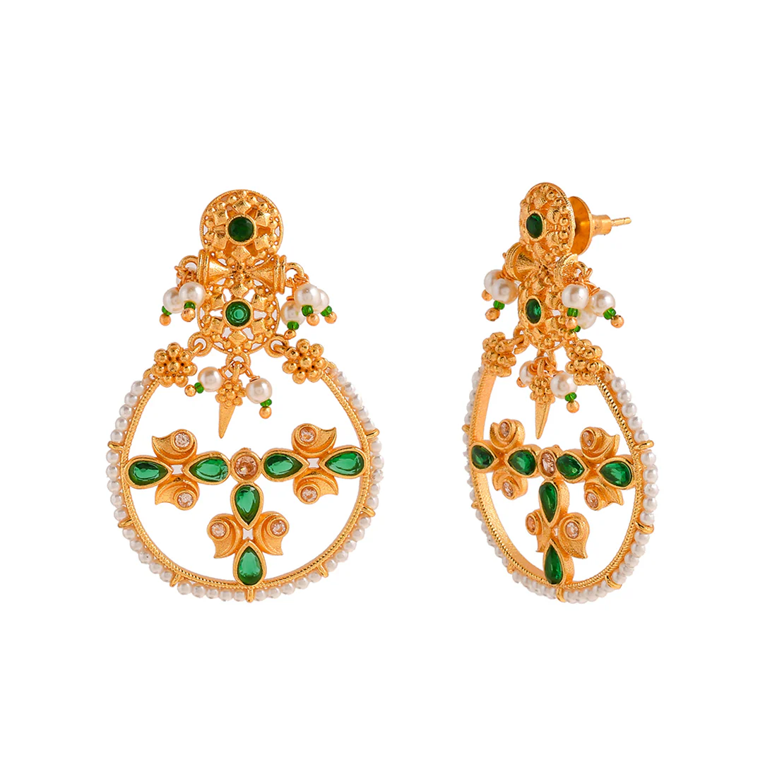 Abharan Floral Motif Teardrop Cut Green Stones and Pearls Drop Earrings - Image 4