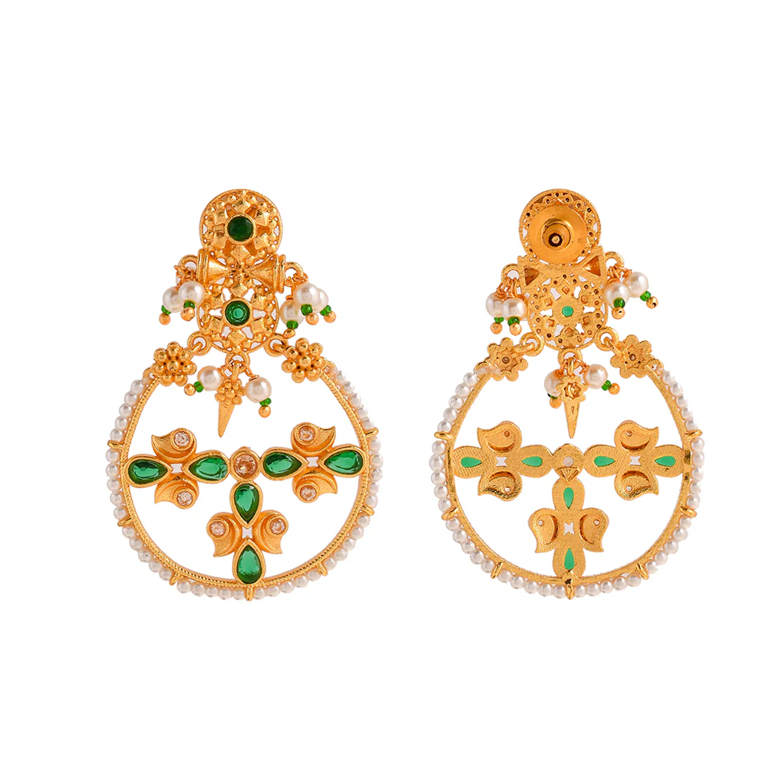 Abharan Floral Motif Teardrop Cut Green Stones and Pearls Drop Earrings - Image 5