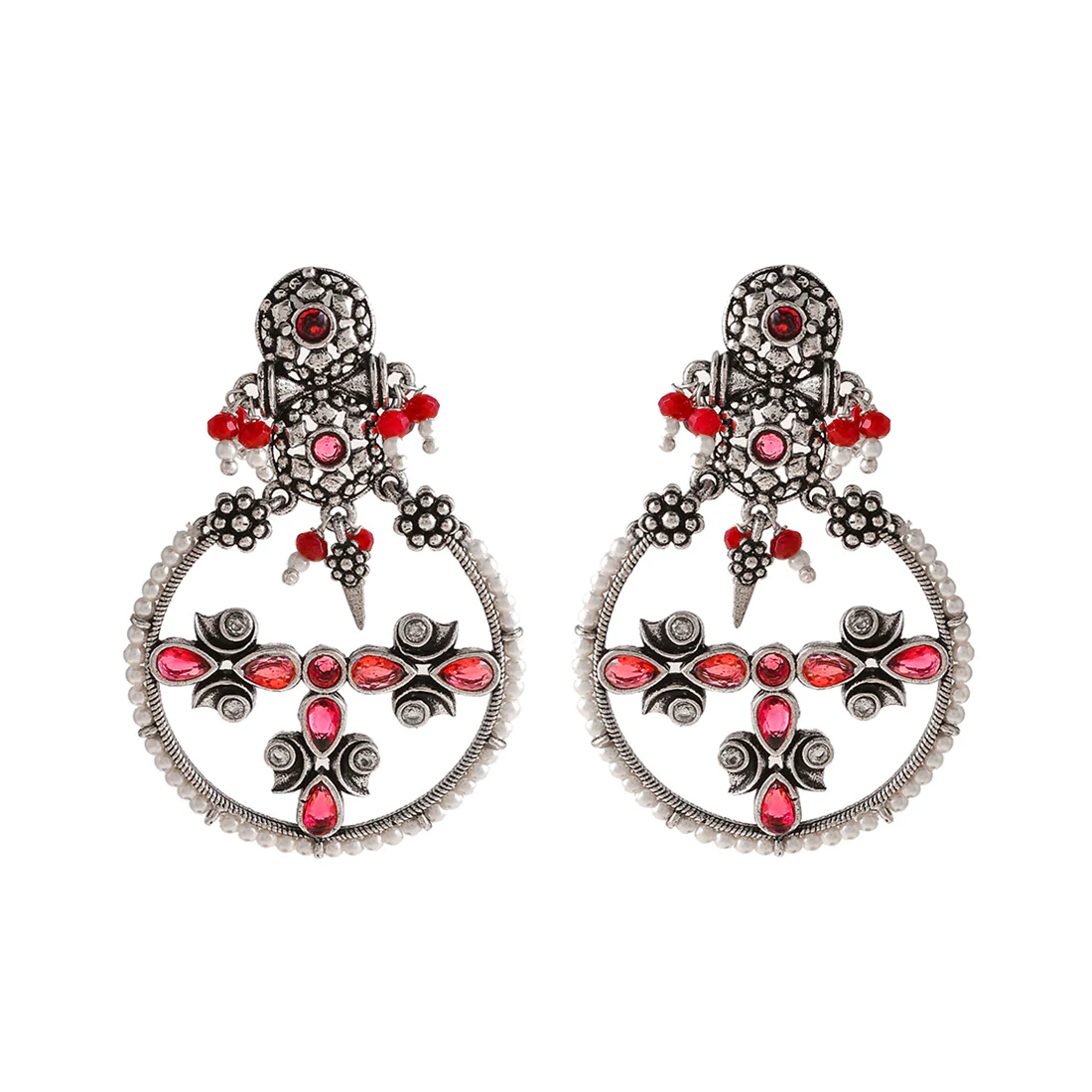 Abharan Floral Motif Teardrop Cut Red Stones and Pearls Drop Earrings - Image 3