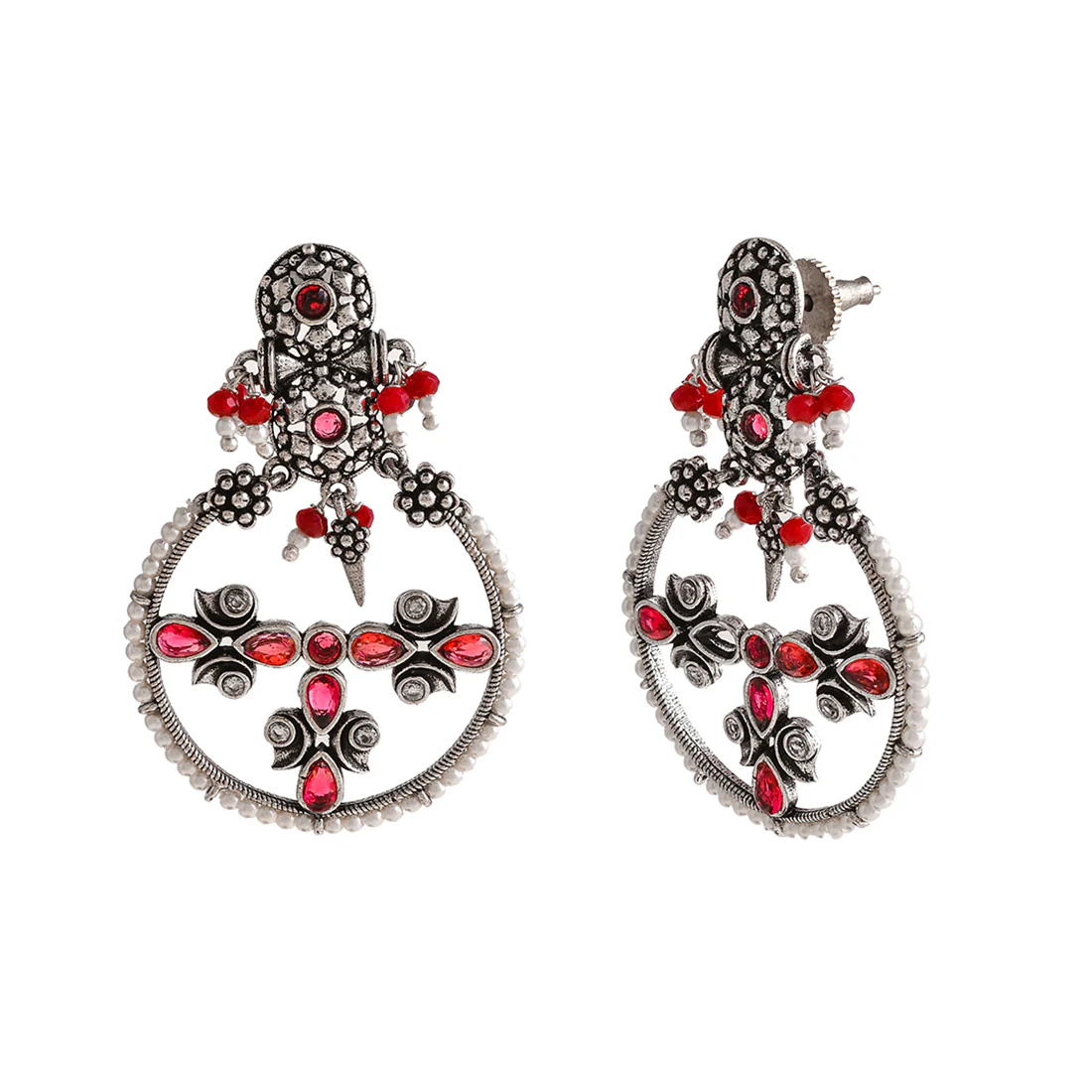 Abharan Floral Motif Teardrop Cut Red Stones and Pearls Drop Earrings - Image 4
