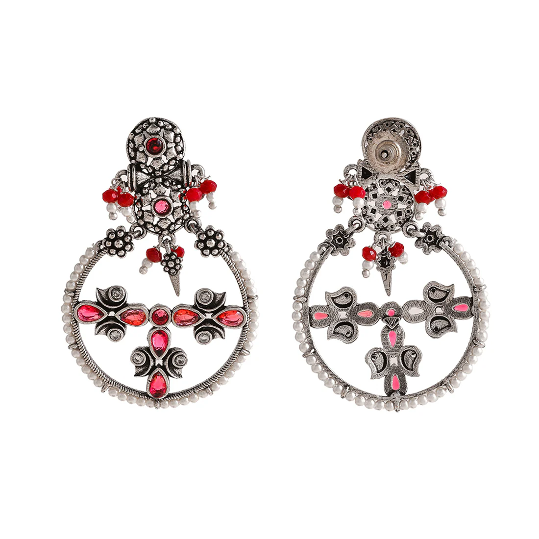 Abharan Floral Motif Teardrop Cut Red Stones and Pearls Drop Earrings - Image 5