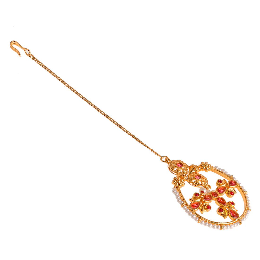 Abharan Floral Motif Teardrop Cut Red Stones and Pearls Maang Tika - Image 5
