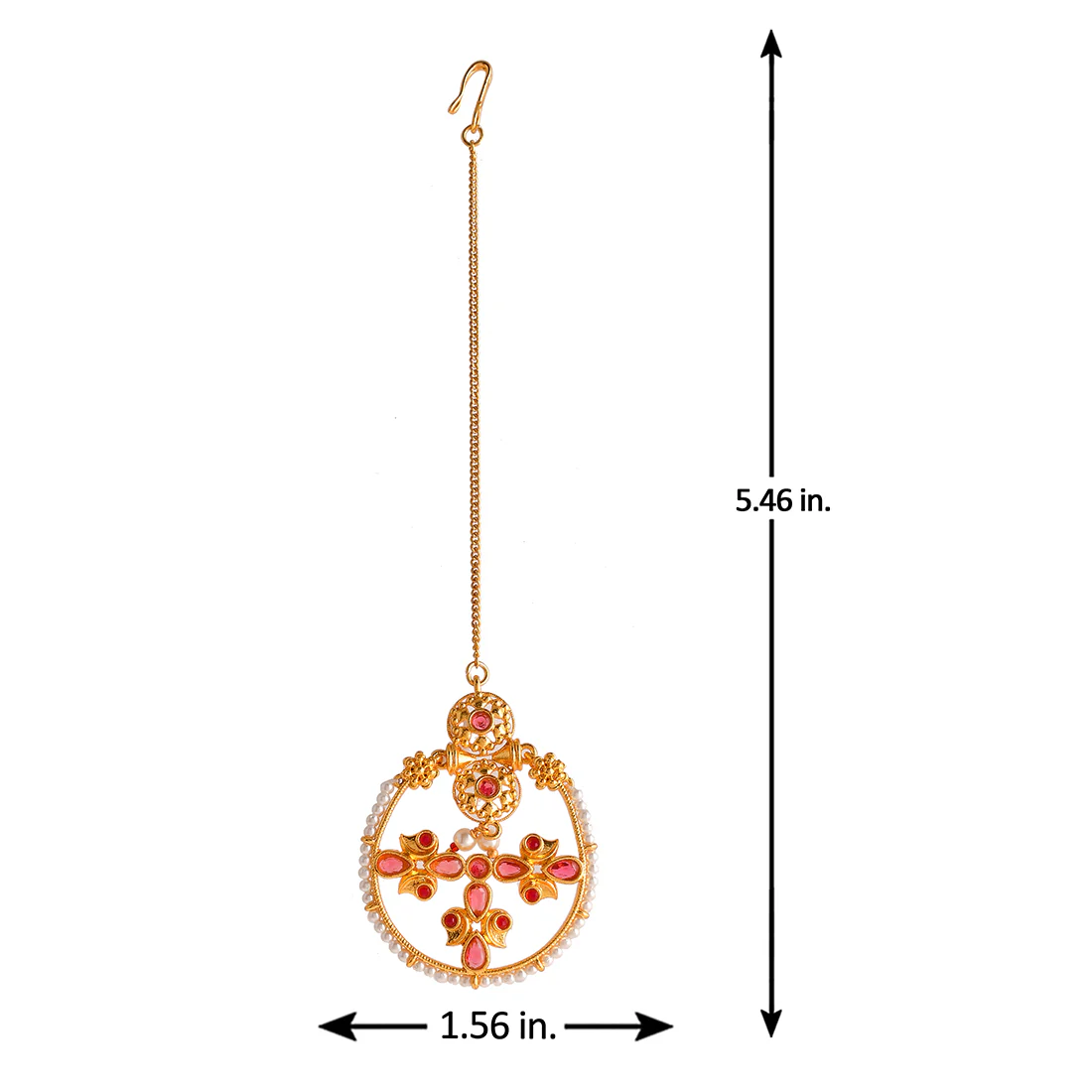 Abharan Floral Motif Teardrop Cut Red Stones and Pearls Maang Tika - Image 6