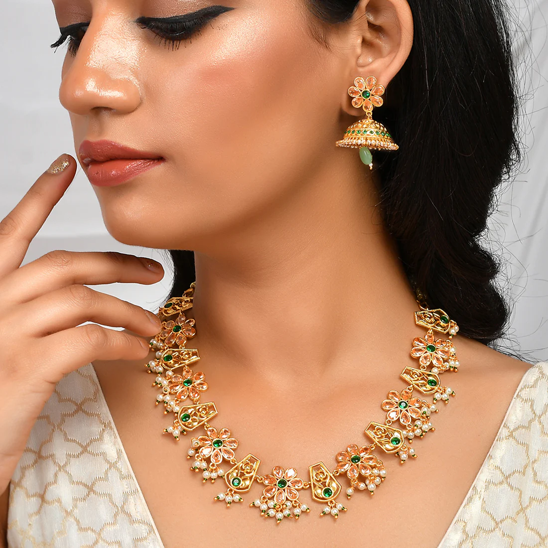 Abharan Floral Pink Stones and Pearls Opulent Jewellery Set - Image 2