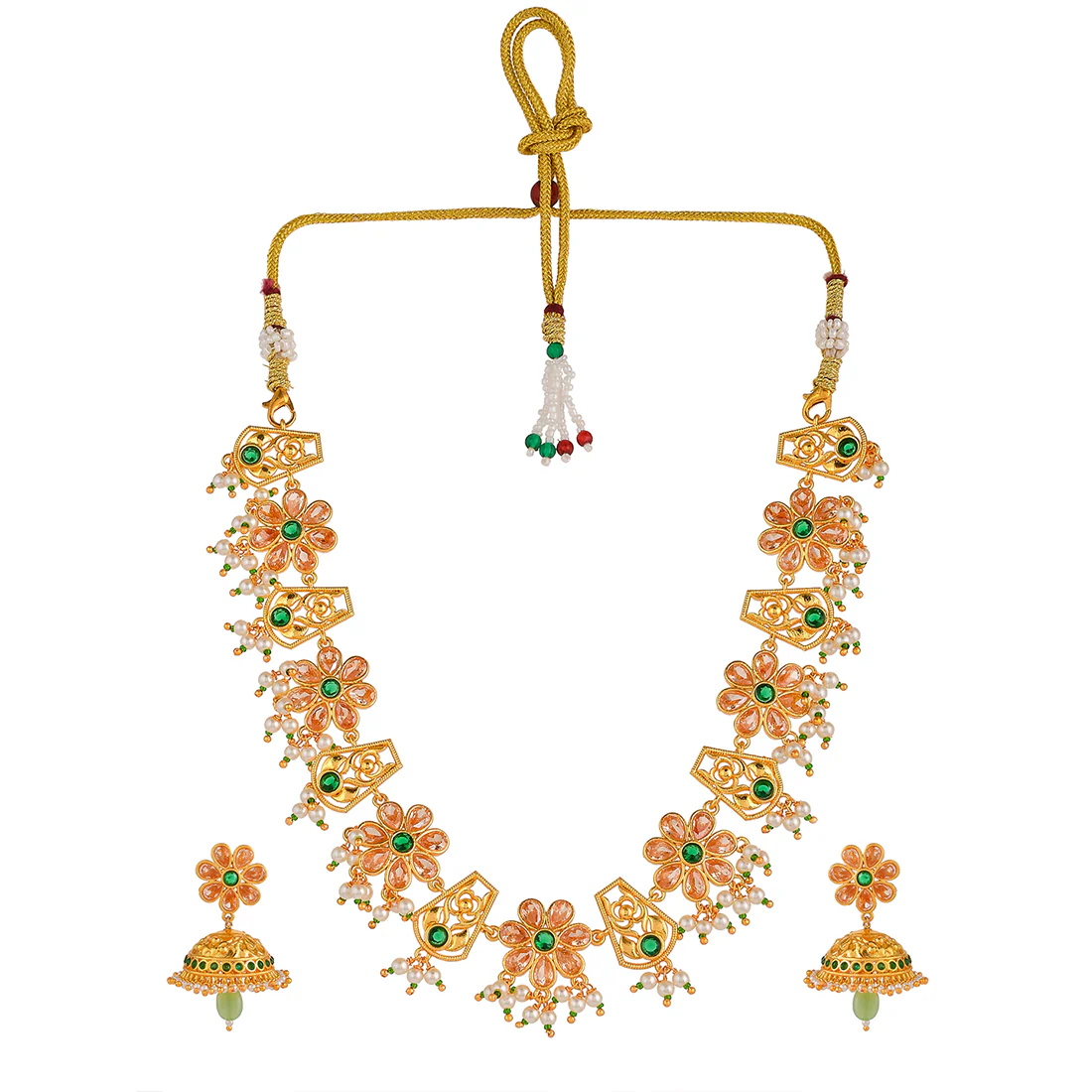 Abharan Floral Pink Stones and Pearls Opulent Jewellery Set - Image 3