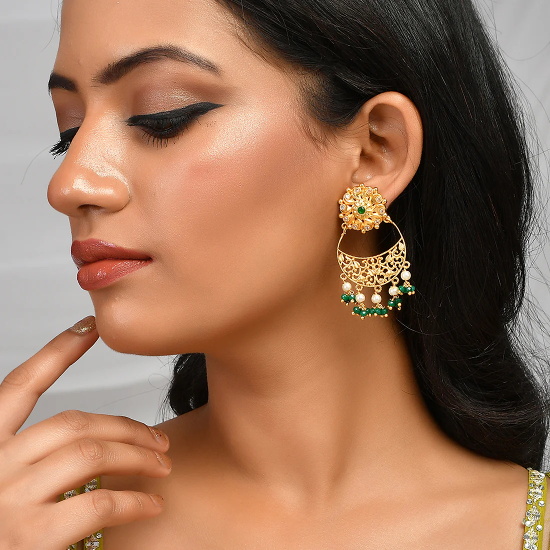 Abharan Gold Plated Filigree Green Stone Earrings - Image 2