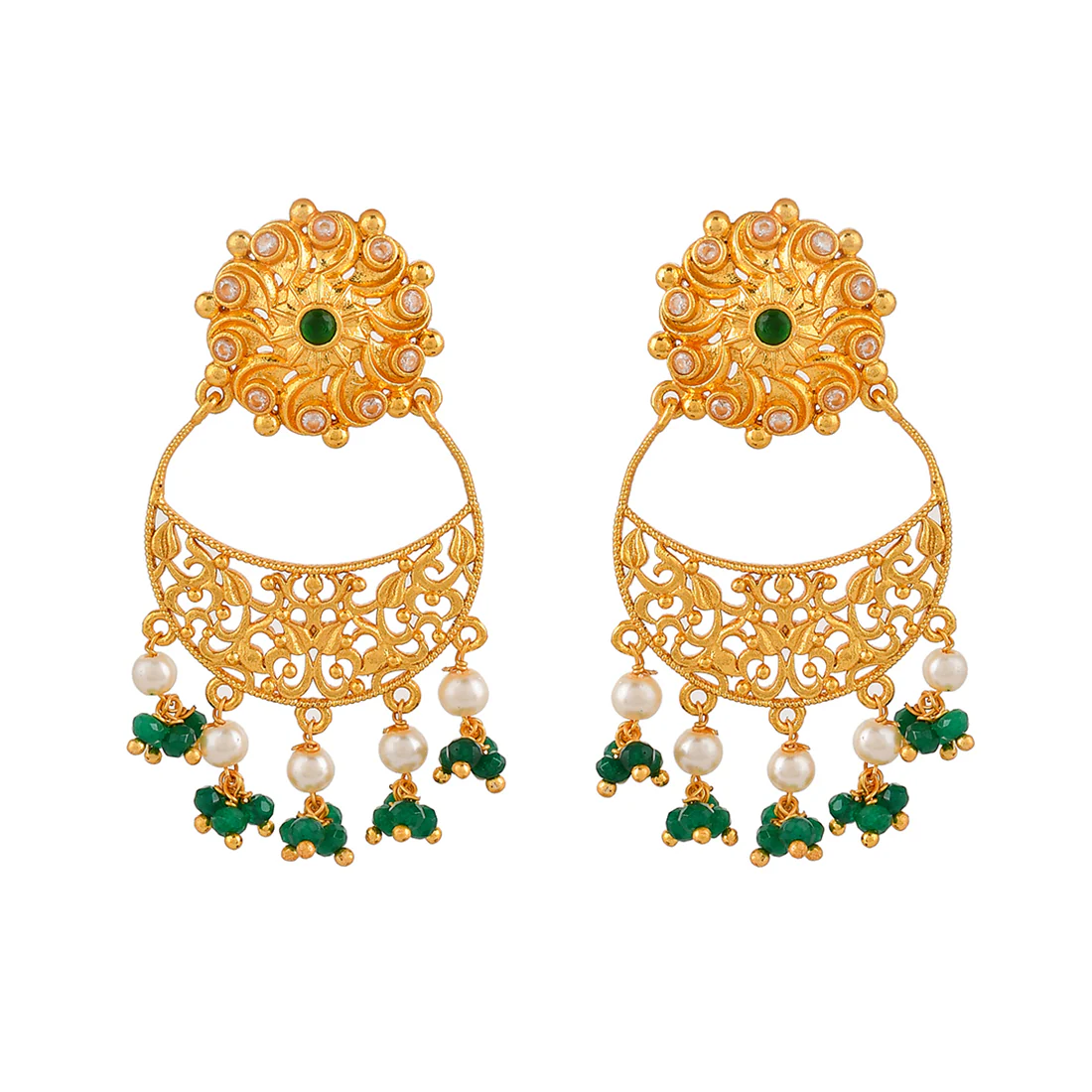 Abharan Gold Plated Filigree Green Stone Earrings - Image 3