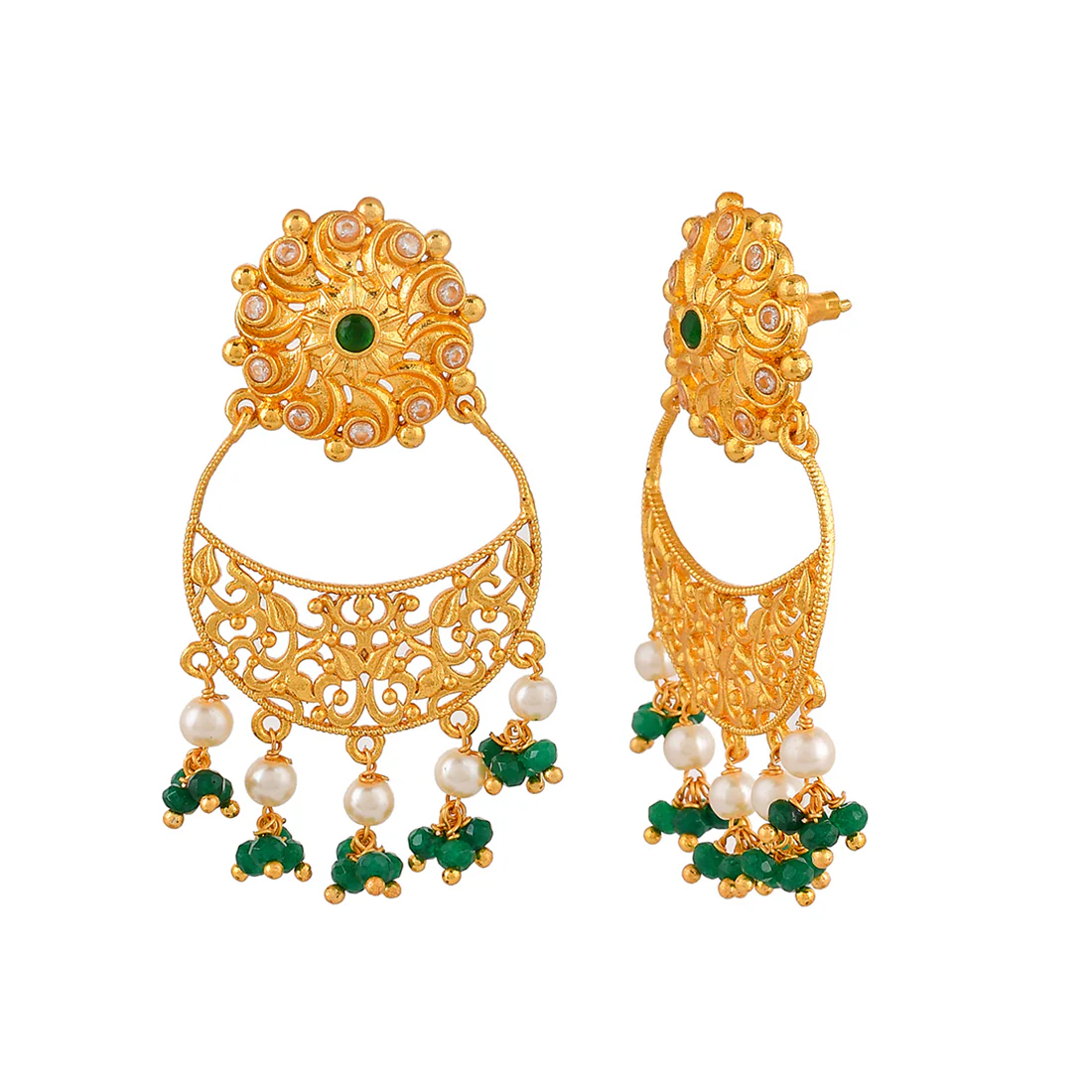 Abharan Gold Plated Filigree Green Stone Earrings - Image 4