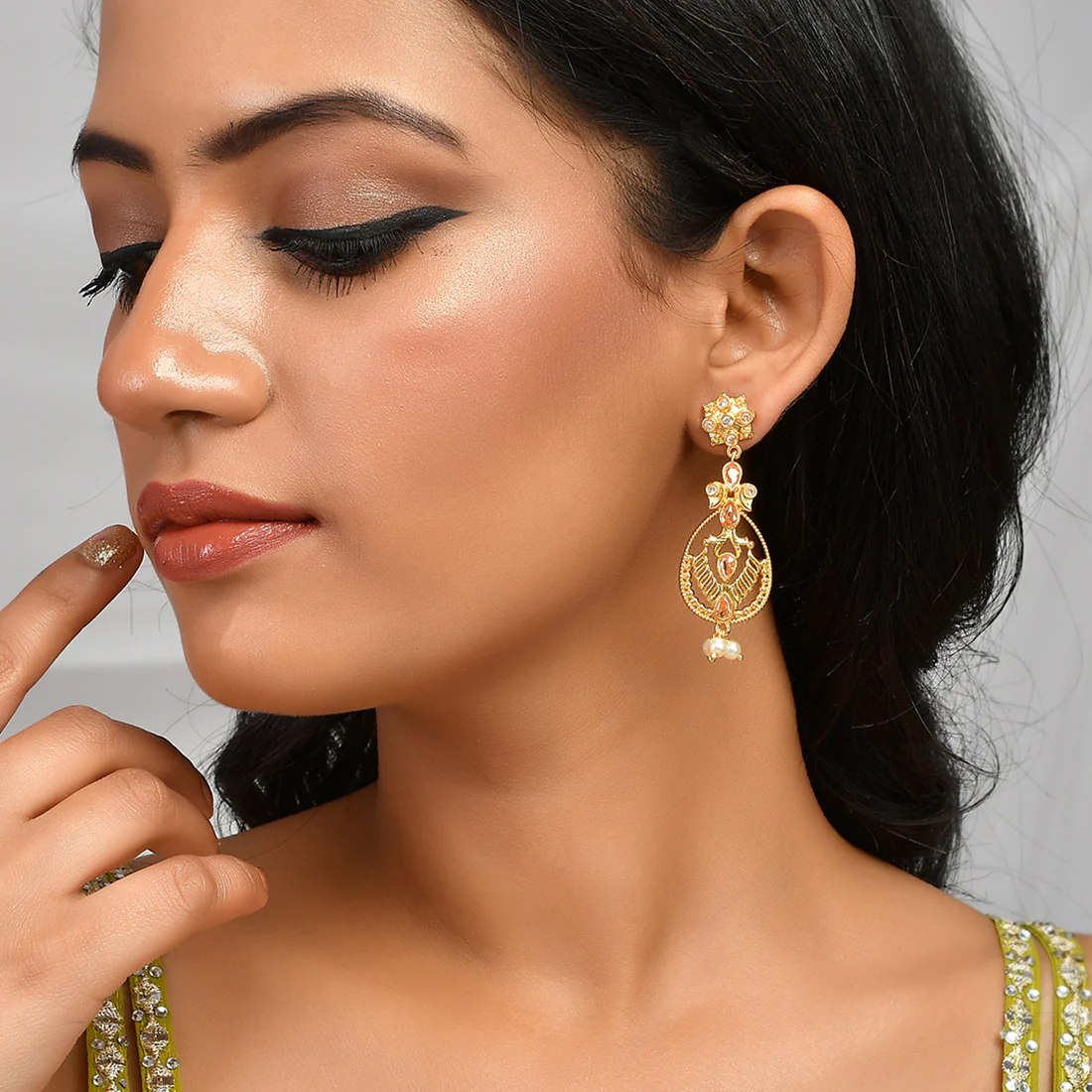 Abharan Gold Plated White Pearls Drop Earrings - Image 2