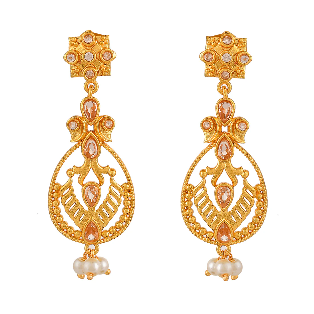 Abharan Gold Plated White Pearls Drop Earrings - Image 3