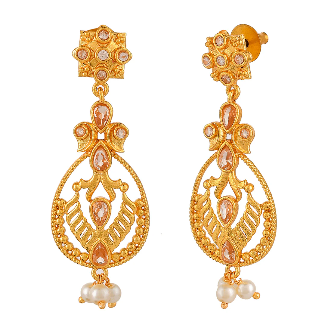 Abharan Gold Plated White Pearls Drop Earrings - Image 4