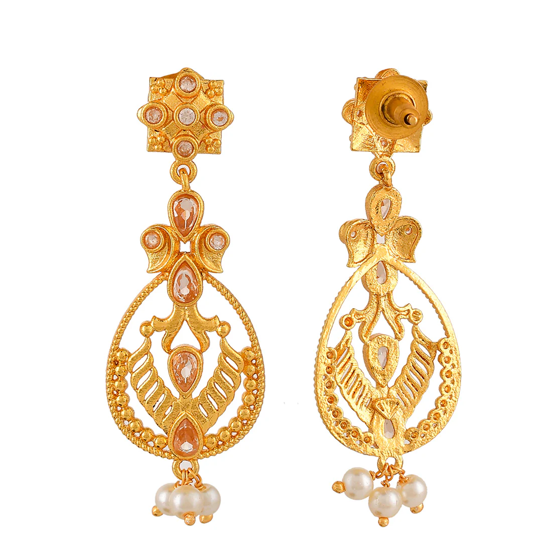 Abharan Gold Plated White Pearls Drop Earrings - Image 5