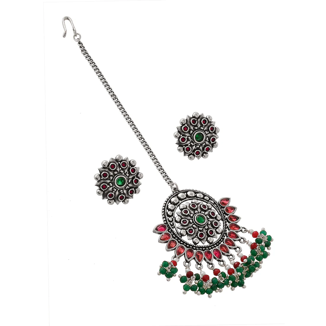 Abharan Green and Red Stones and Pearls Opulent Jewellery Set - Image 5