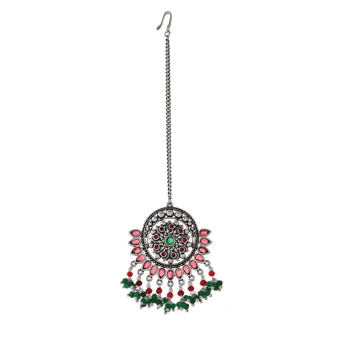 Abharan Green and Red Stones and Pearls Opulent Jewellery Set - Image 8
