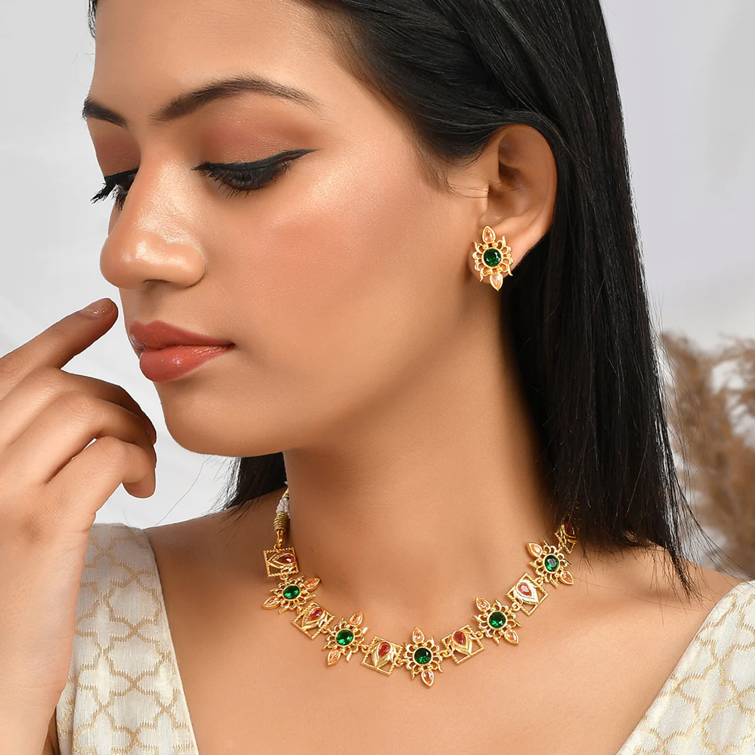 Abharan Green and Red Stones Gold Plated Jewellery Set - Image 2