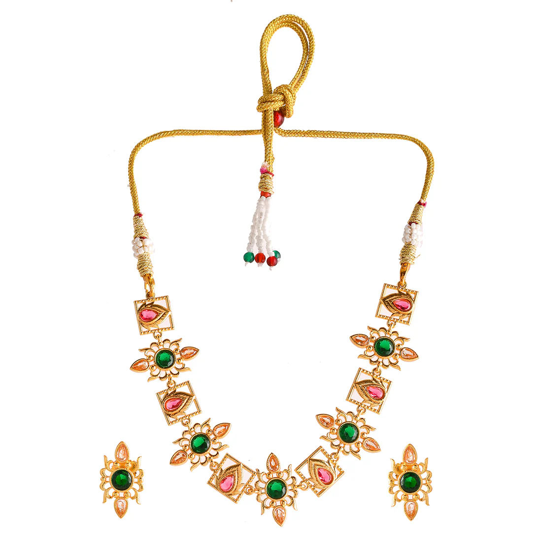 Abharan Green and Red Stones Gold Plated Jewellery Set - Image 3