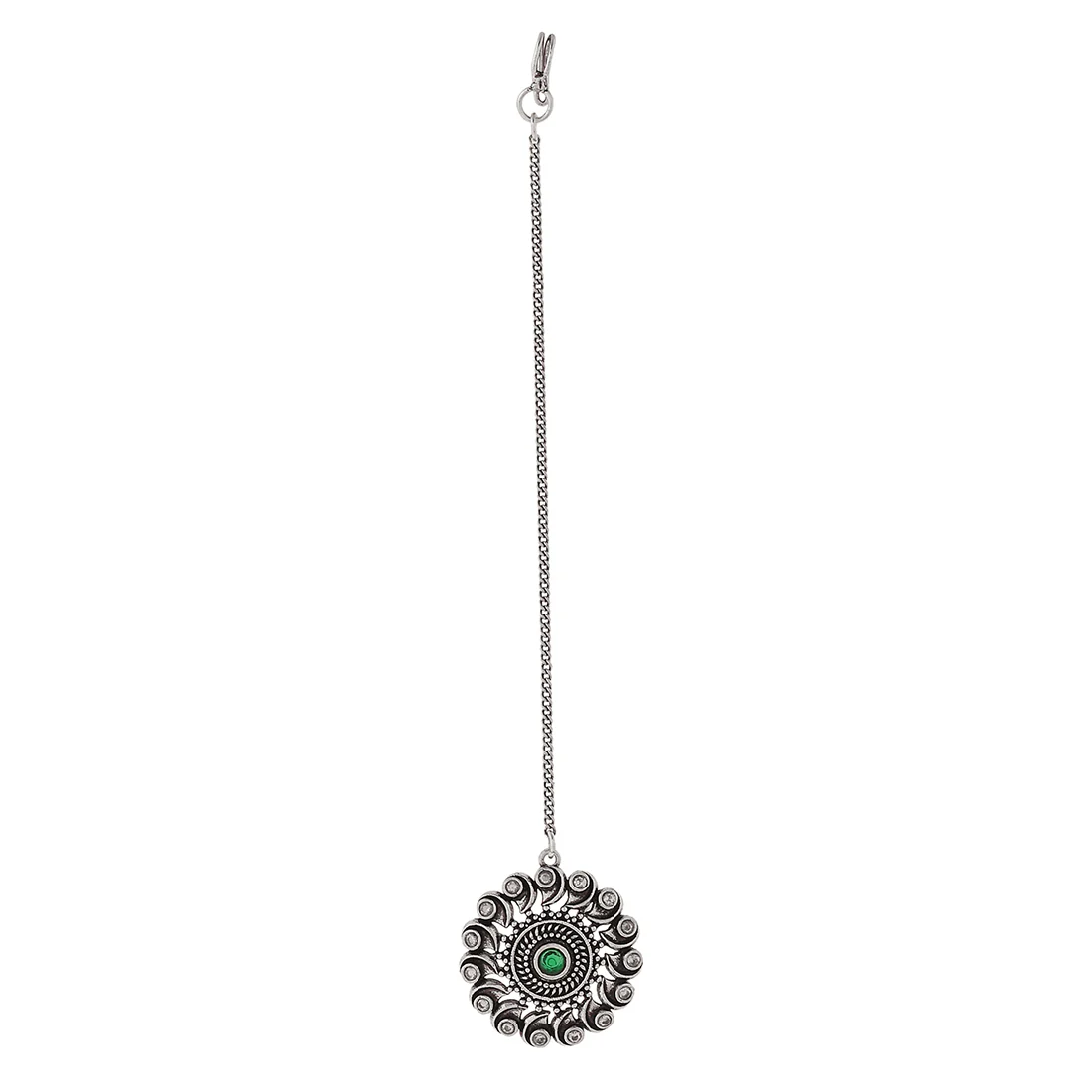 Abharan Green and White Round Cut Stones Maang Tika - Image 3