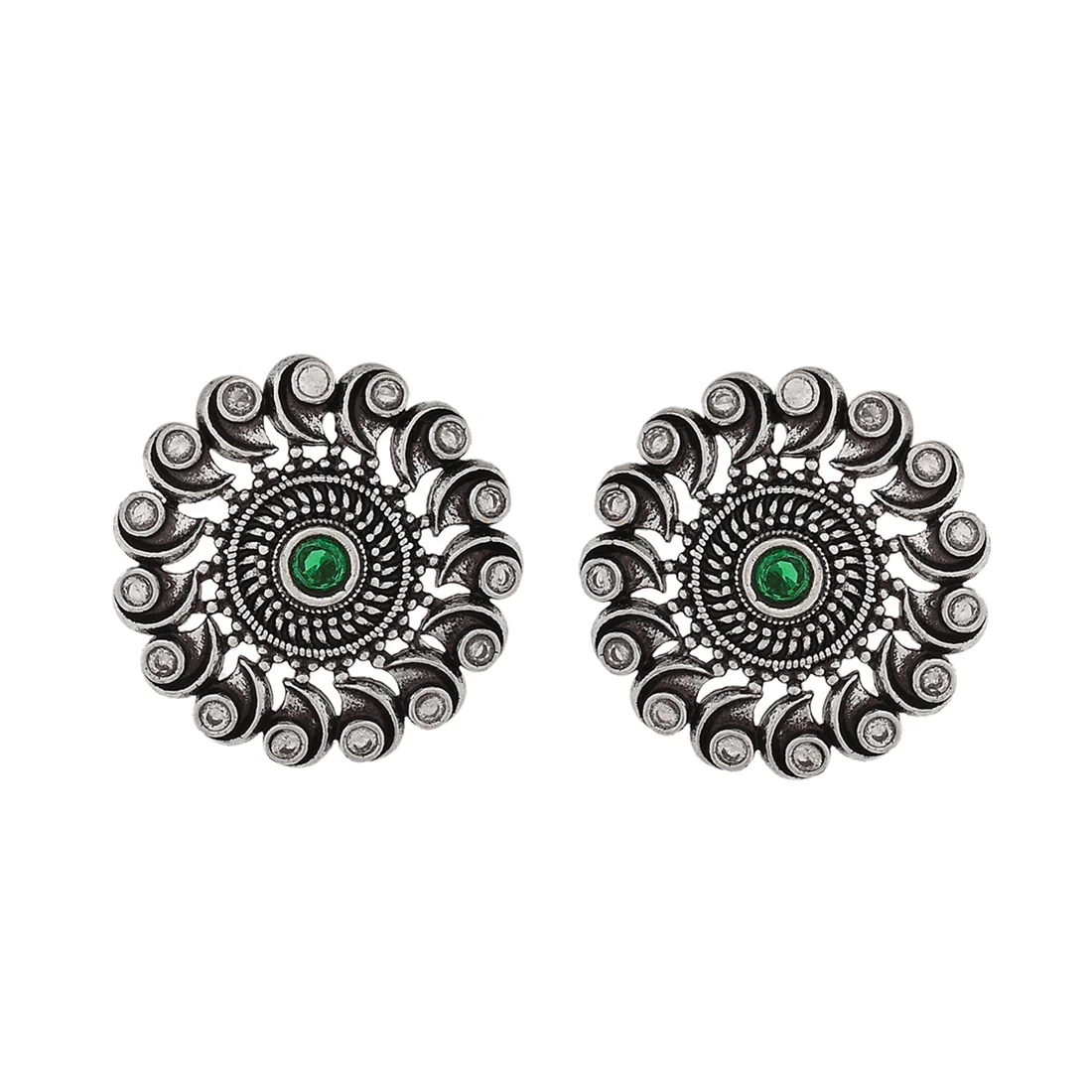 Abharan Green and White Round Cut Stones Stud Earrings - Image 3