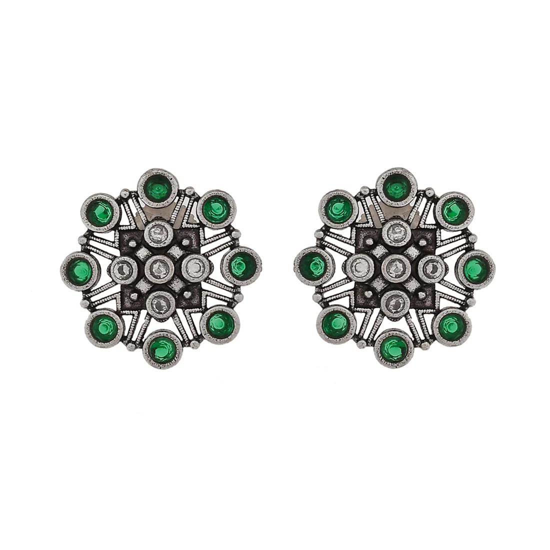 Abharan Green Round Cut Stones Stud Earrings - Image 3