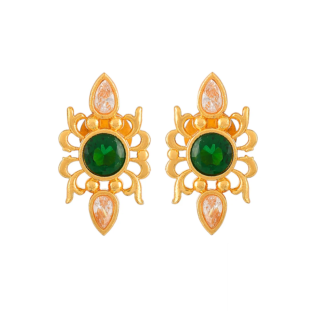 Abharan Green Stone Adorned Stud Earrings - Image 3