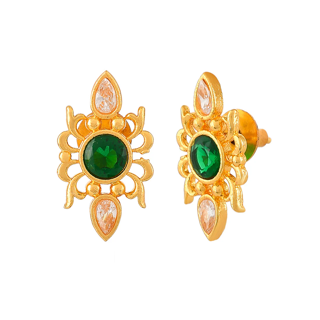 Abharan Green Stone Adorned Stud Earrings - Image 4