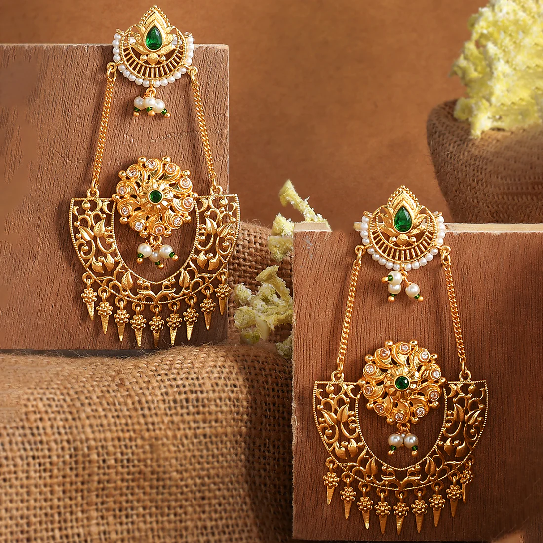 Abharan Green Stones and Pearls Opulent Drop Earrings