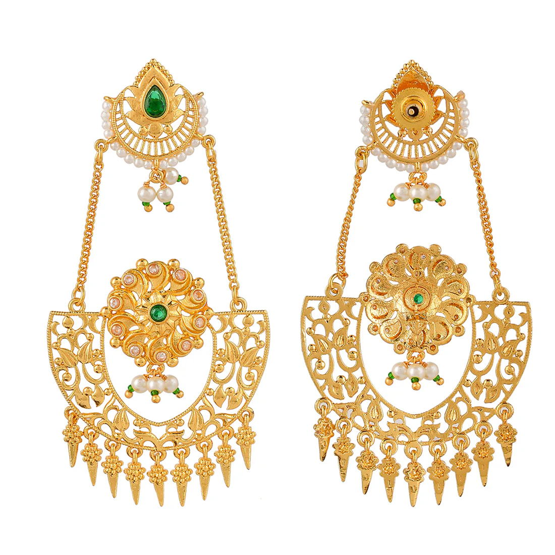 Abharan Green Stones and Pearls Opulent Drop Earrings - Image 3